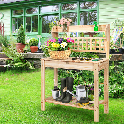 Table de travail de jardin avec banc de rempotage et étagères coulissantes pour évier