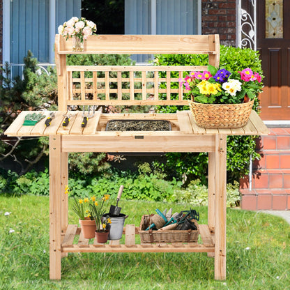 Table de travail de jardin avec banc de rempotage et étagères coulissantes pour évier