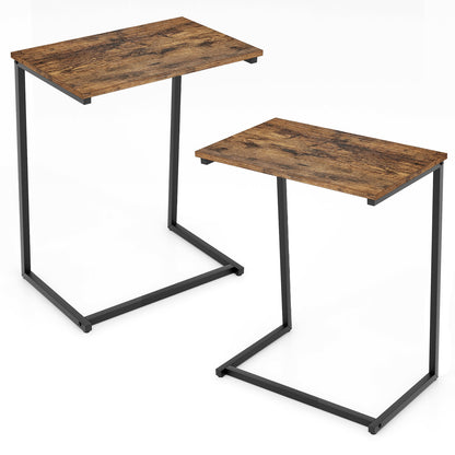 C-shaped Industrial End Table with Metal Frame-Rustic Brown