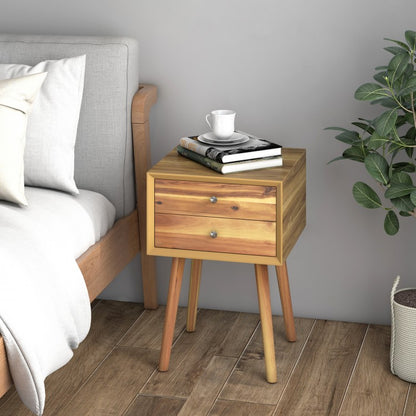 Wooden Nightstand Mid-Century End Side Table with 2 Storage Drawers