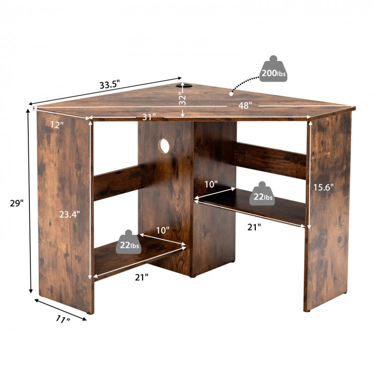 Corner Computer Desk Triangle Writing Workstation with Storage Shelf-Rustic Brown