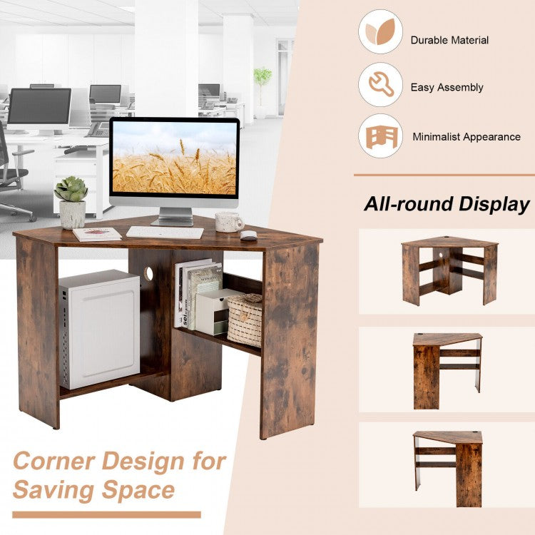 Corner Computer Desk Triangle Writing Workstation with Storage Shelf-Rustic Brown