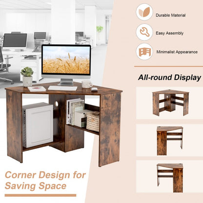 Corner Computer Desk Triangle Writing Workstation with Storage Shelf-Rustic Brown