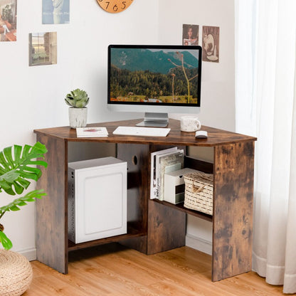 Corner Computer Desk Triangle Writing Workstation with Storage Shelf-Rustic Brown