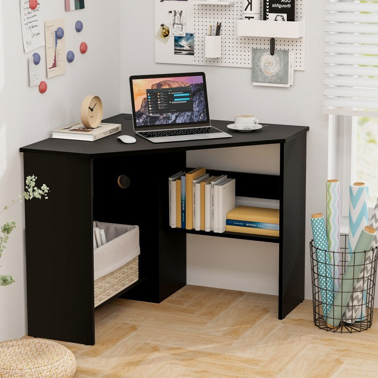 Corner Computer Desk Triangle Writing Workstation with Storage Shelf-Black