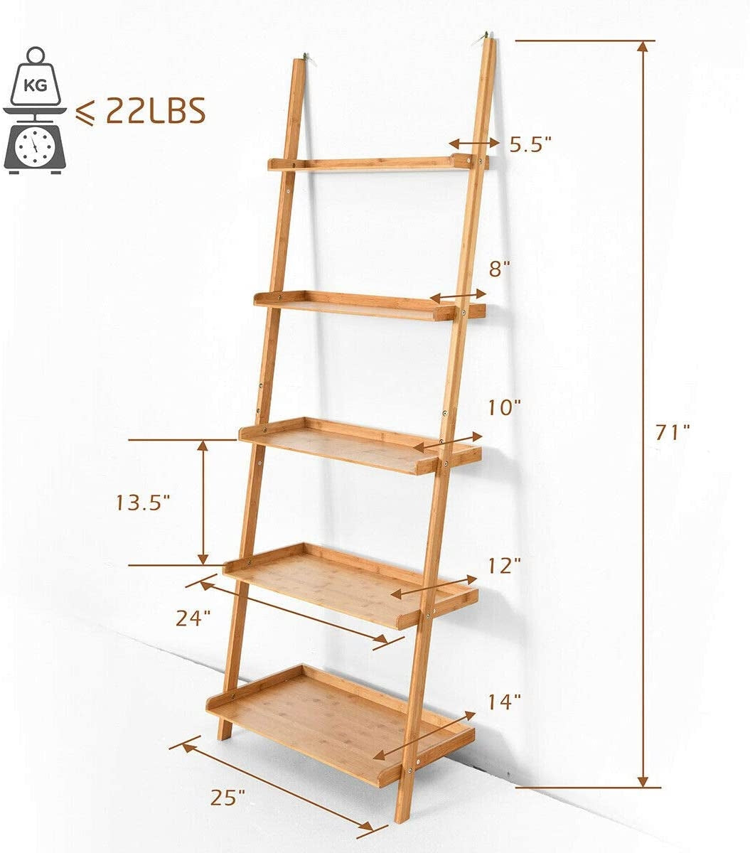 5-Tier Ladder Shelf Bamboo Bookshelf Wall-Leaning Storage Display Plant Stand