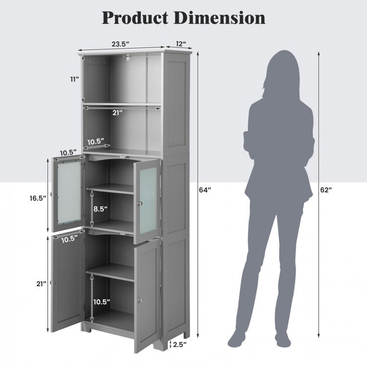 6-Tier Freestanding Bathroom Cabinet with 2 Open Compartments and Adjustable Shelves-Gray