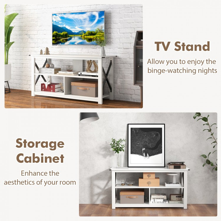 3 Tier Wood TV Stand for 55-Inch with Open Shelves and X-Shaped Frame