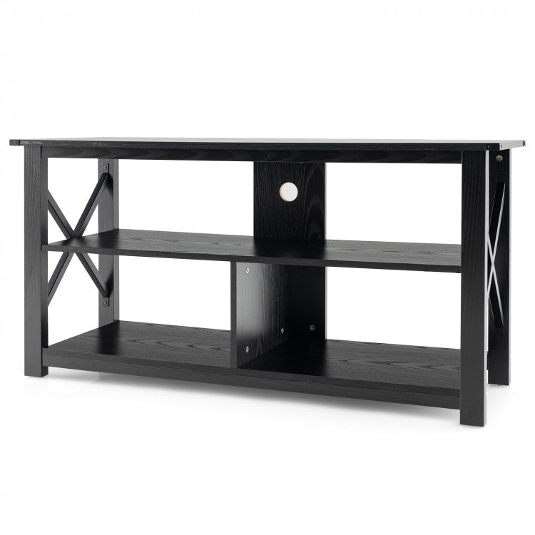 3 Tier Wood TV Stand for 55-Inch with Open Shelves and X-Shaped Frame