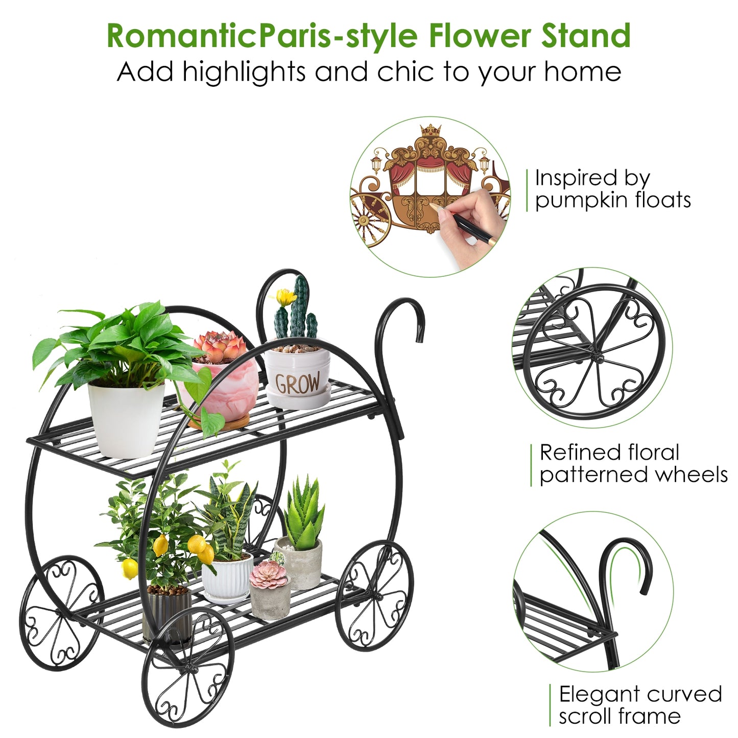 Support pour plantes en métal robuste pour chariot à fleurs