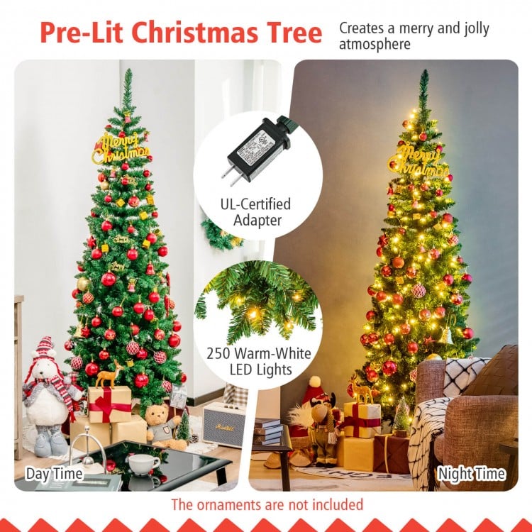 4.5/7.5 Feet Pre-Lit Hinged Artificial Pencil Christmas Tree