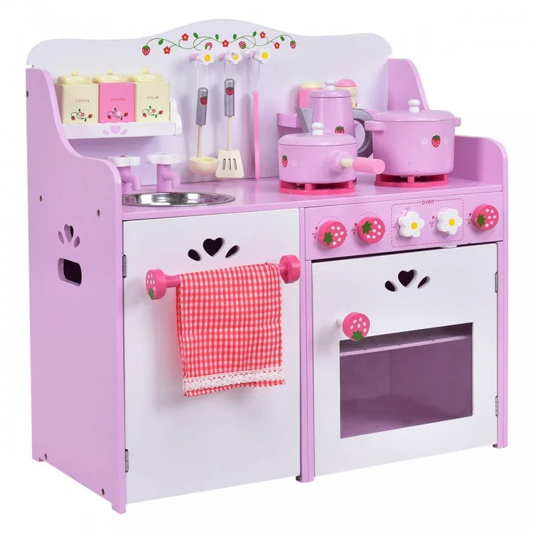 Wood Toy Kitchen Kids Cooking Pretend Play Set