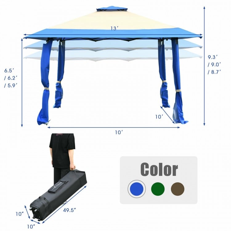 Tente à baldaquin escamotable de 13 pieds x 13 pieds, abri d'extérieur pliable instantané - Bleu