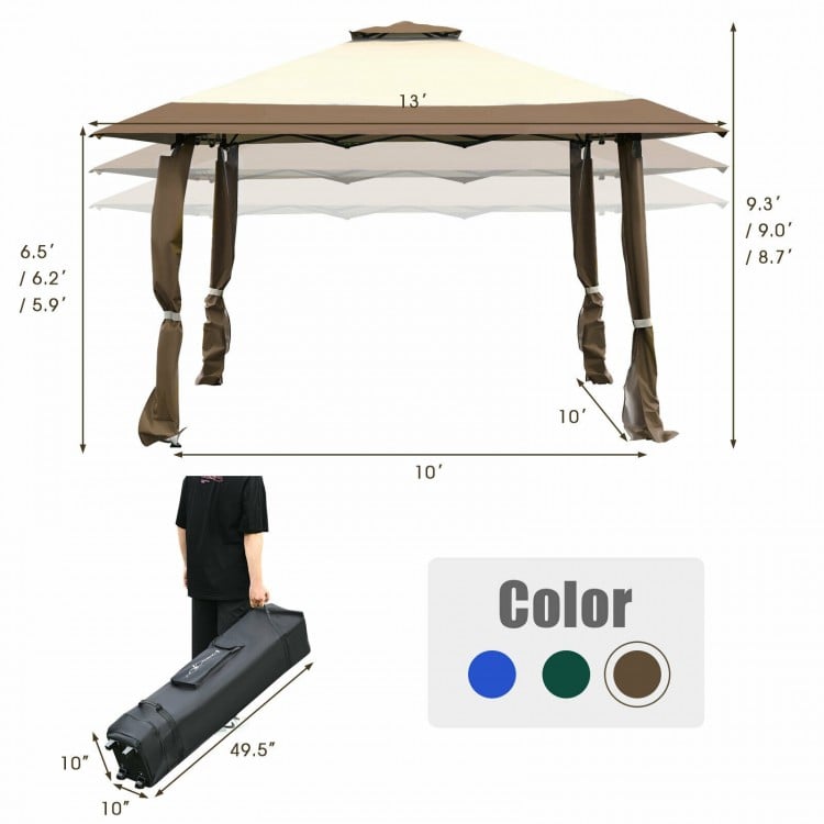 Tente à baldaquin escamotable de 13 pieds x 13 pieds, abri d'extérieur pliable instantané - Bleu