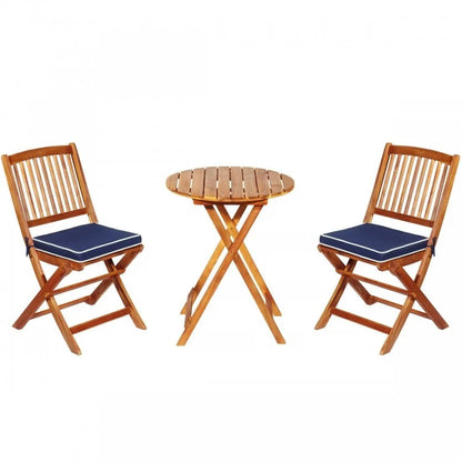 3 Pieces Patio Folding Wooden Bistro Set Cushioned Chair