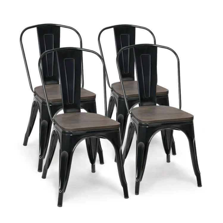 Ensemble de 4 chaises de salle à manger empilables en métal et bois de 18 pouces de hauteur - Noir