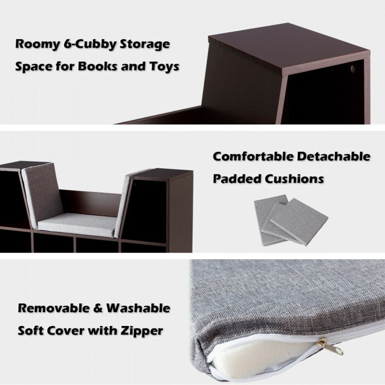 6-Cubby Kid Storage Bookcase Cushioned Reading Nook