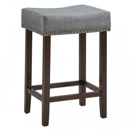 24 Inch 2 Pieces Nailhead Saddle Bar Stools with Fabric Seat and Wood Legs