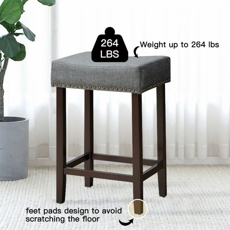 24 Inch 2 Pieces Nailhead Saddle Bar Stools with Fabric Seat and Wood Legs