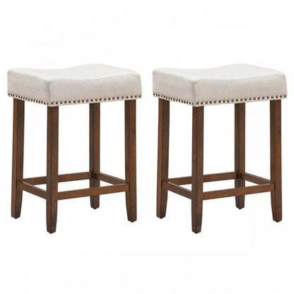 24 Inch 2 Pieces Nailhead Saddle Bar Stools with Fabric Seat and Wood Legs