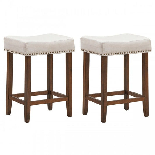 24 Inch 2 Pieces Nailhead Saddle Bar Stools with Fabric Seat and Wood Legs