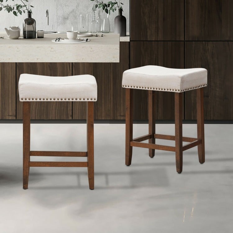 24 Inch 2 Pieces Nailhead Saddle Bar Stools with Fabric Seat and Wood Legs