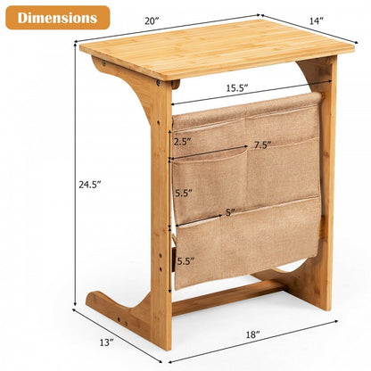 Bamboo Sofa Table End Table Bedside Table with Storage Bag-Natural