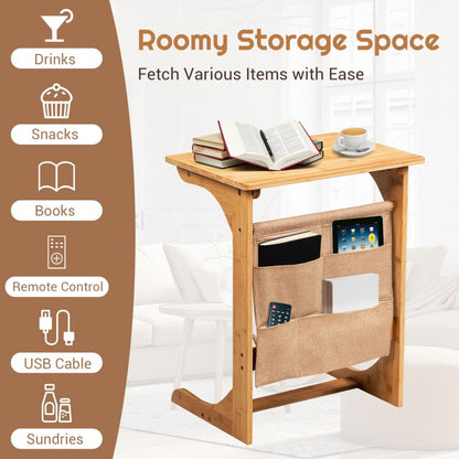 Bamboo Sofa Table End Table Bedside Table with Storage Bag-Natural