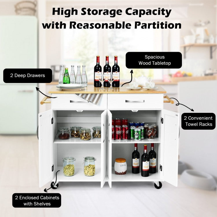 Desserte de cuisine à roulettes avec plateau en bois et armoire de rangement