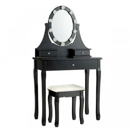 3 Drawers Lighted Mirror Vanity Makeup Dressing Table Stool Set