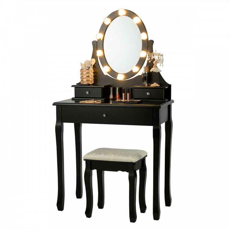 3 Drawers Lighted Mirror Vanity Makeup Dressing Table Stool Set