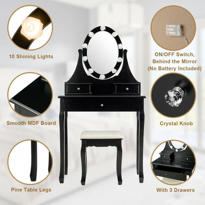 3 Drawers Lighted Mirror Vanity Makeup Dressing Table Stool Set