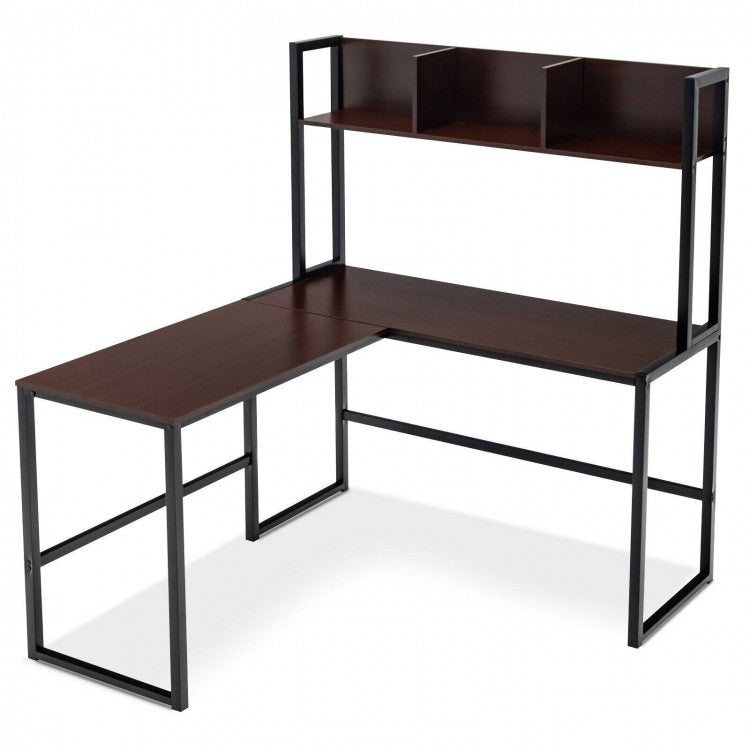 Industrial L-Shaped Desk Bookshelf 55 Inch Corner Computer Gaming Table