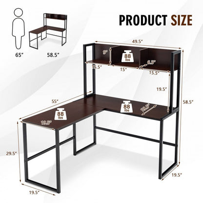 Bureau industriel en forme de L avec bibliothèque et table de jeu d'angle pour ordinateur de 55 pouces