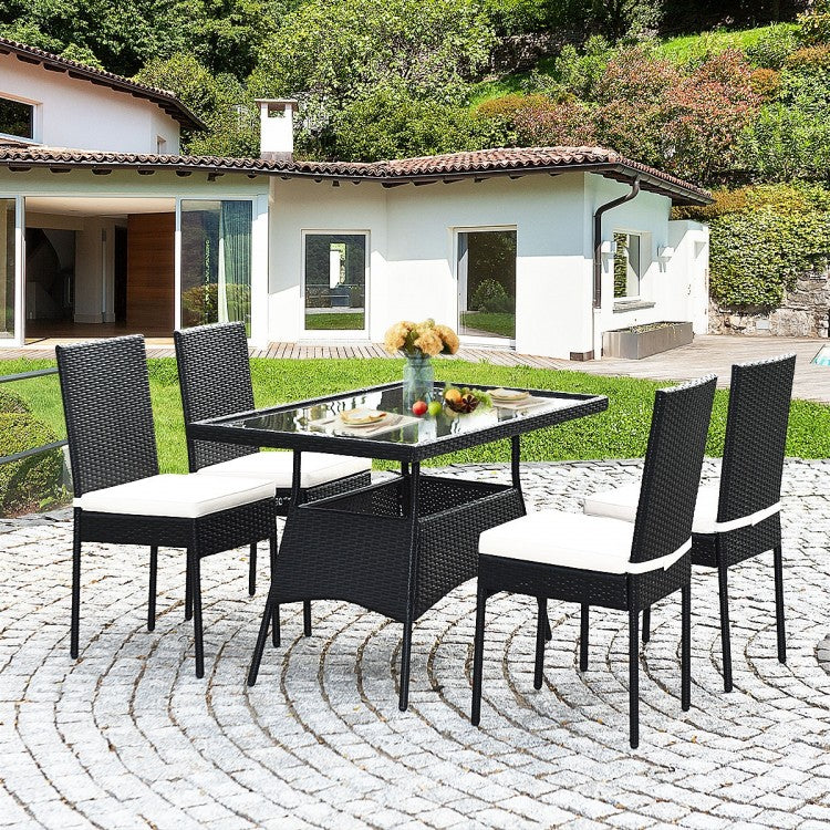 Ensemble de salle à manger d'extérieur en rotin 5 pièces avec plateau en verre et coussins