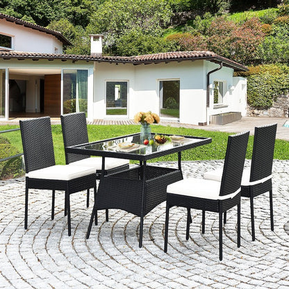 Ensemble de salle à manger d'extérieur en rotin 5 pièces avec plateau en verre et coussins