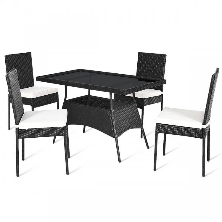 5 Pieces Outdaoor Patio Rattan Dining Set with Glass Top with Cushions