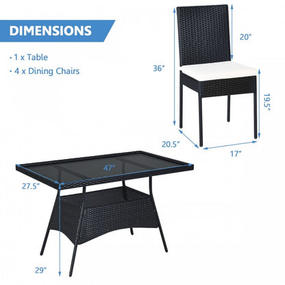 Ensemble de salle à manger d'extérieur en rotin 5 pièces avec plateau en verre et coussins