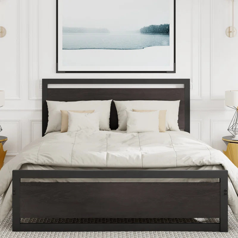 Marilee Wood and Black Metal Frame Bed with Headboard