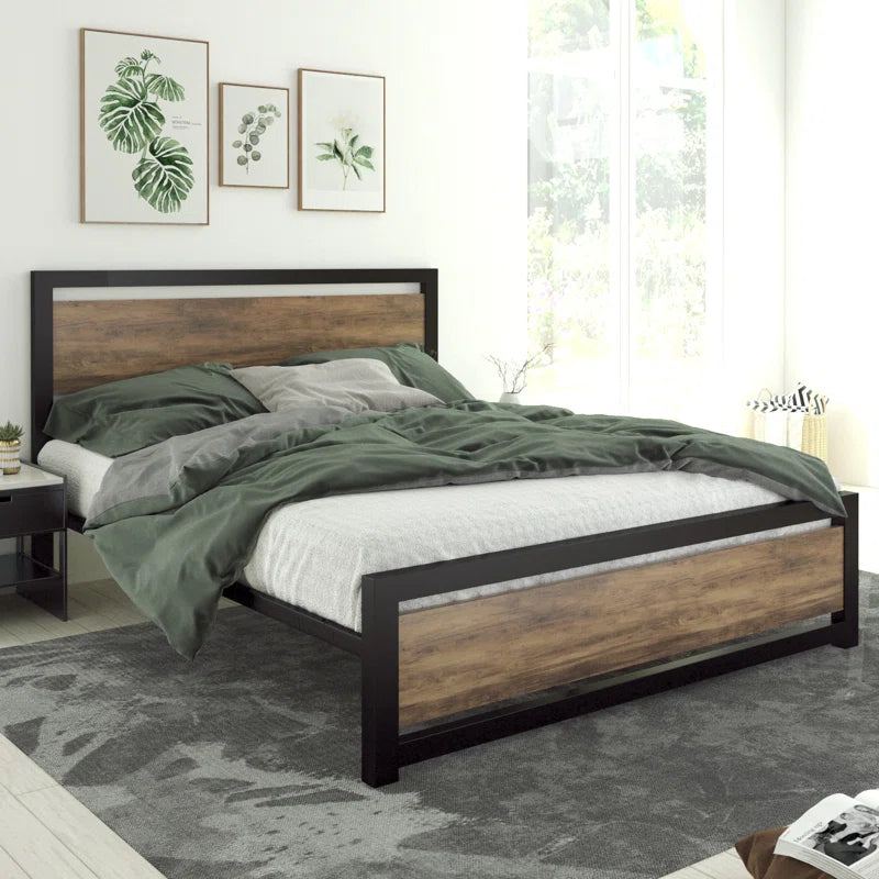 Marilee Wood and Black Metal Frame Bed with Headboard