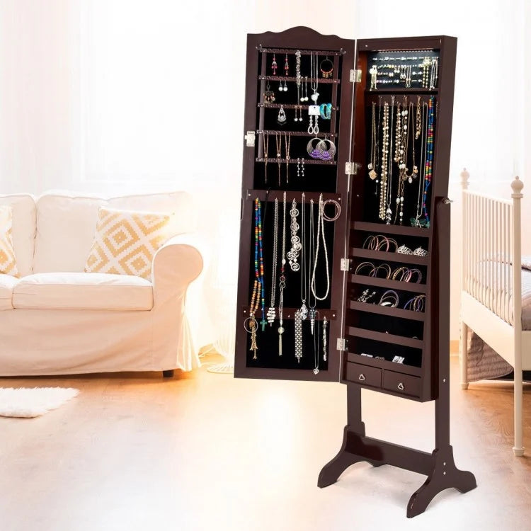 Mirrored Jewelry Cabinet Storage With Drawer And Led Lights -Coffee