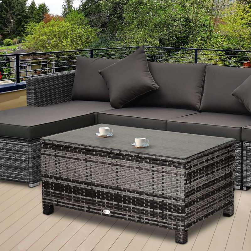 Outdoor PE Rattan Wicker Table, Patio Garden Side Table W/Glass Top for Patio, Balcony, Black or Grey