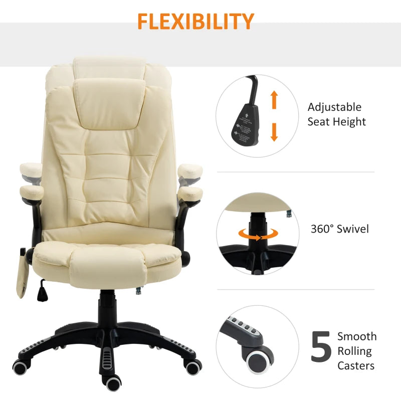 HOMCOM Heated Ergonomic Office Chair: Adjustable, Massage, Swivel, Vibrating, High Back Leather Executive, Beige | Nest Vibe