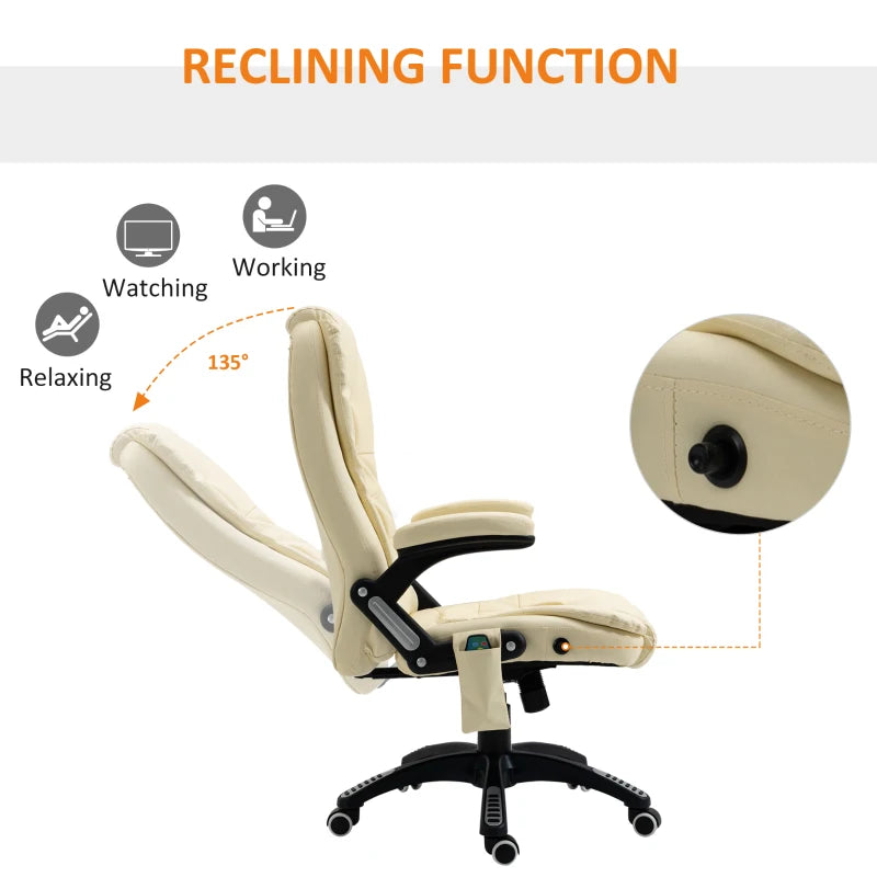 Chaise de bureau ergonomique chauffante HOMCOM : réglable, massante, pivotante, vibrante, dossier haut en cuir, beige | Nest Vibe