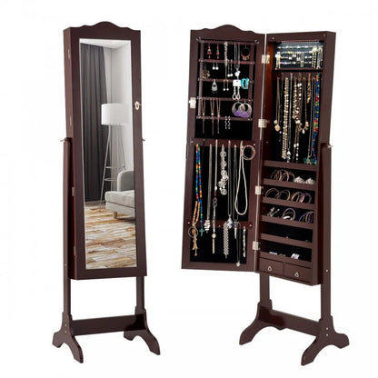 Mirrored Jewelry Cabinet Storage With Drawer And Led Lights -Coffee