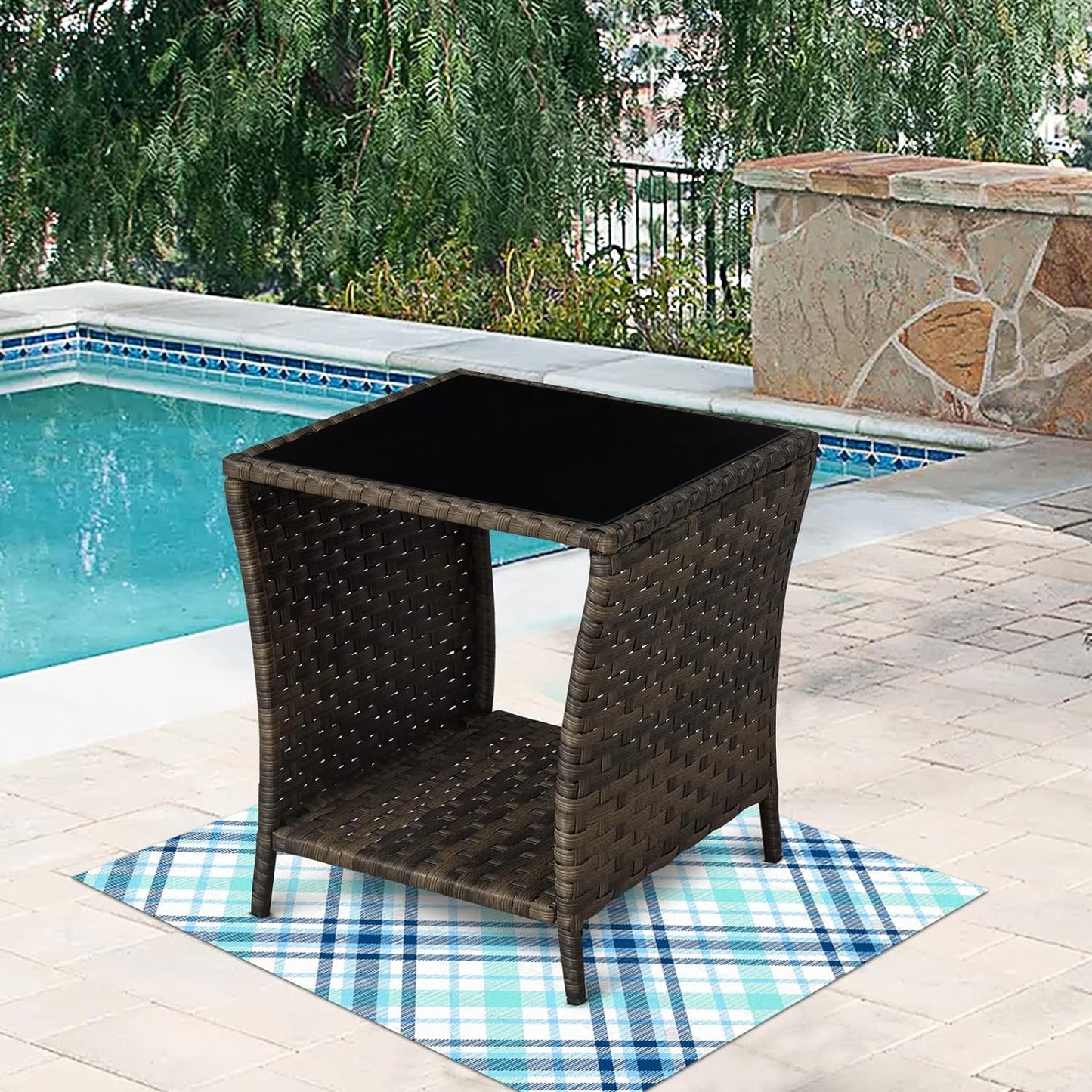 Wicker Side Coffee Table Outdoor Side Tables with Storage Bistro Table Patio Furniture Square End Tables Garden Table Brown