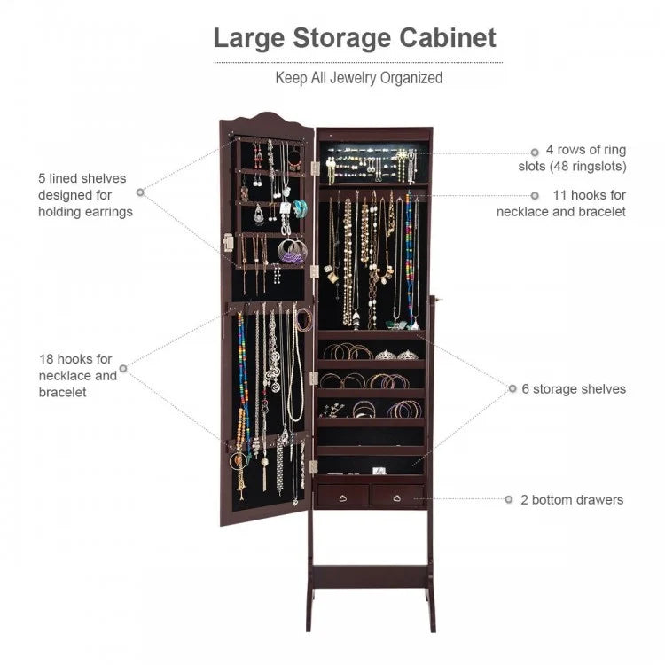 Mirrored Jewelry Cabinet Storage With Drawer And Led Lights -Coffee