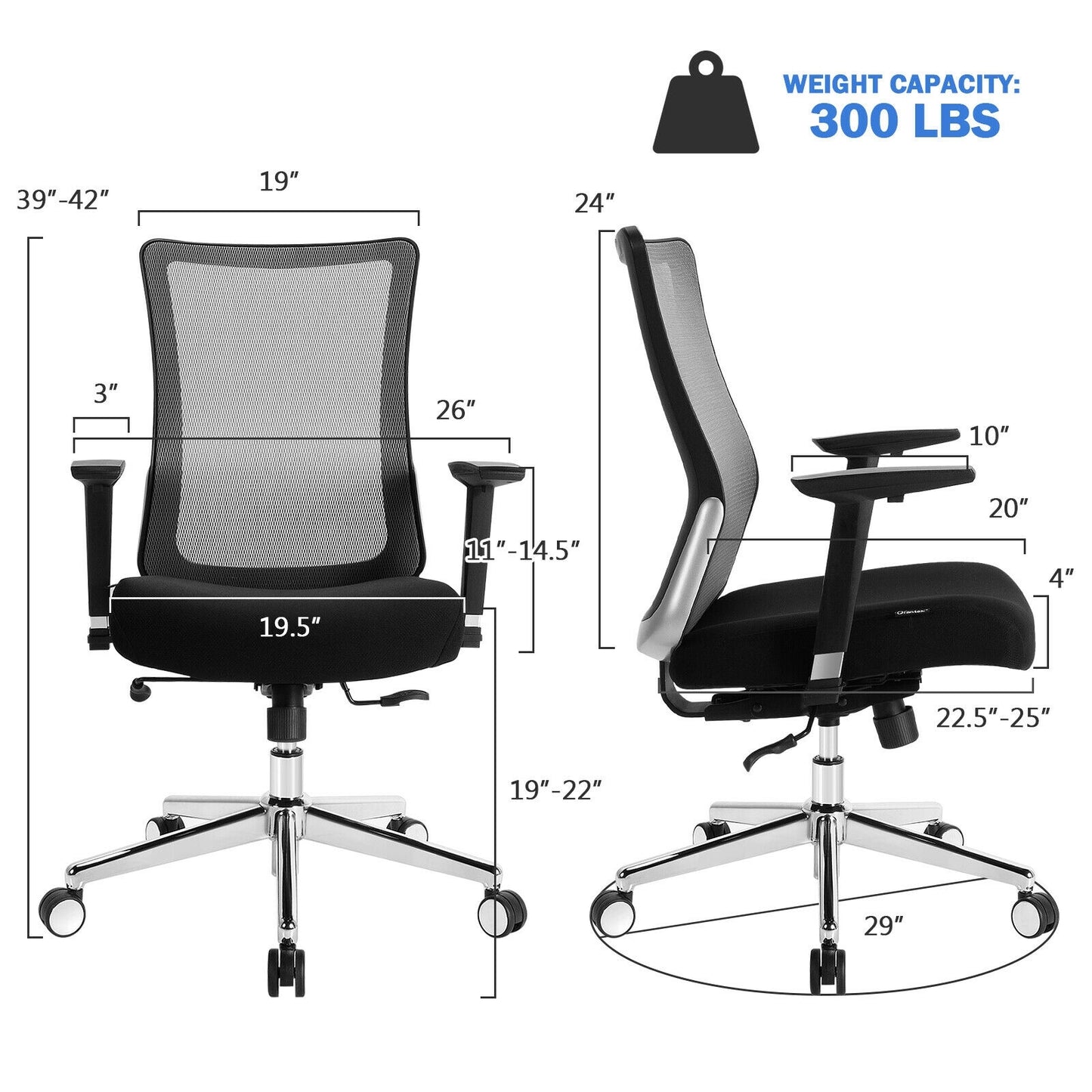 Chaise de bureau ergonomique en maille, siège coulissant, hauteur réglable avec accoudoir