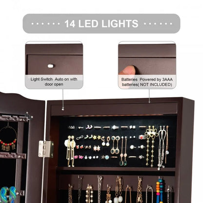 Mirrored Jewelry Cabinet Storage With Drawer And Led Lights -Coffee