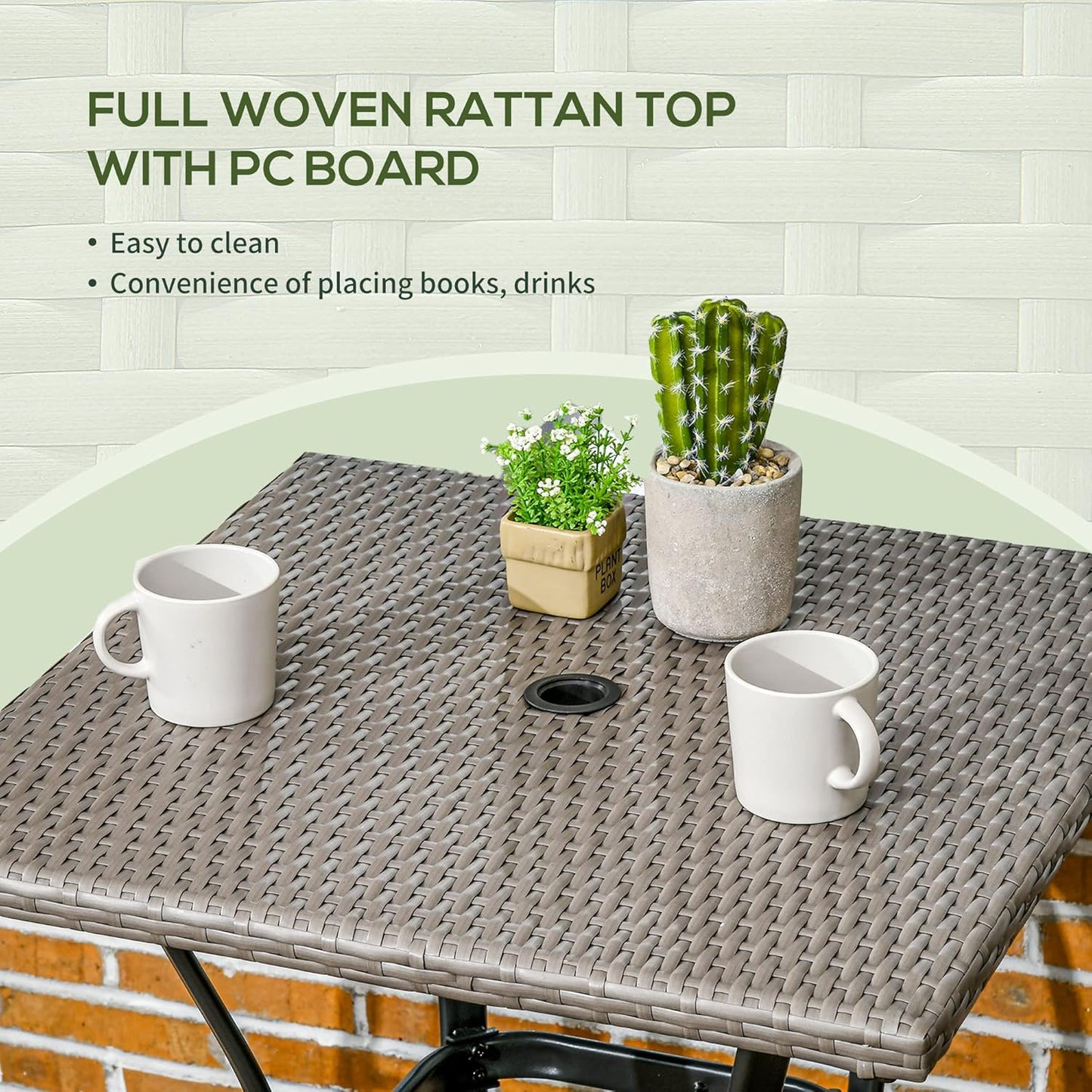 Patio Wicker Dining Table with Umbrella Hole, Outdoor PE Rattan Coffee Table with Plastic Board under the Woven Table Top for Patio, Garden, Balcony, Light Grey